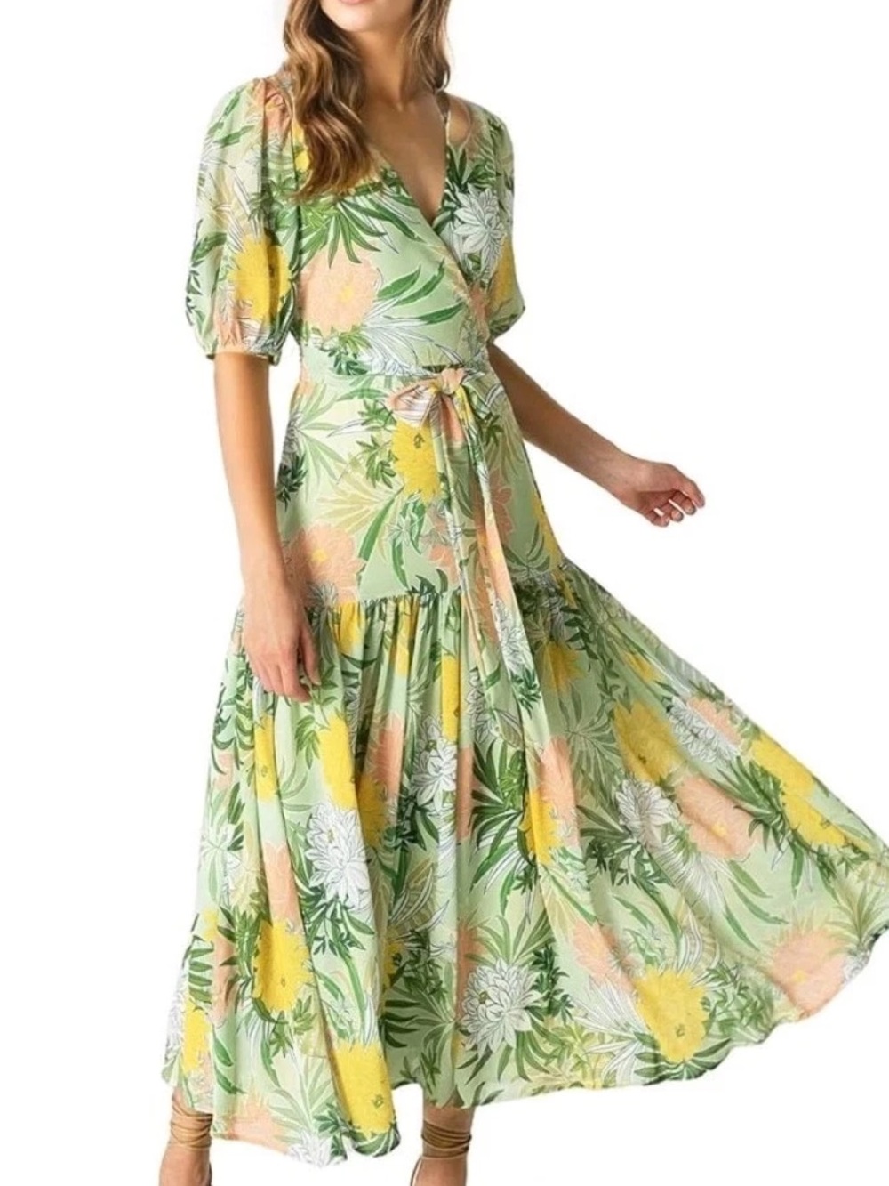 Flying Tomato Tropical Floral Wrap Midi Dress Puff Sleeve No Belt Boho Sz S